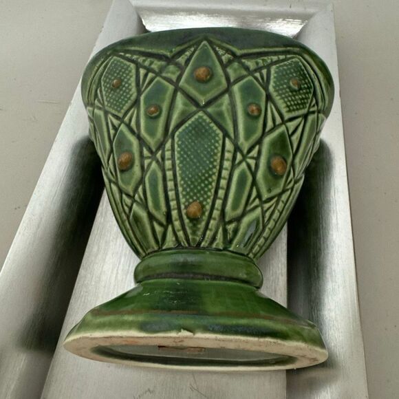 Vintage Ucagco Carved Vase Green Ceramic Decorative Art Deco Design Unique Decor - Picture 13 of 13